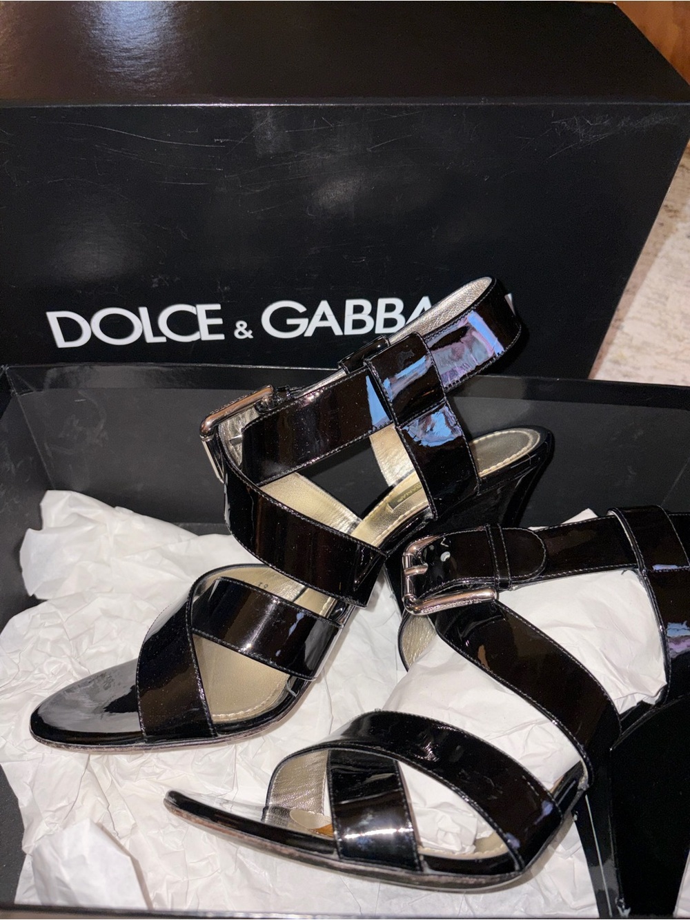Dolce & Gabbana Glossy Black Patent Multi-Strap Heels